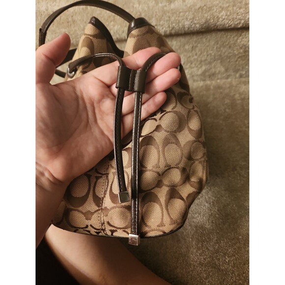 Coach Brown Jacquard Fabric Monogram Tote w/ Side Drawstrings & Leather Accents - Picture 3 of 11